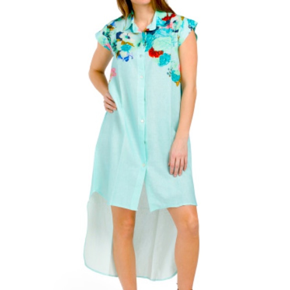 Cristina Vergani 100% Linen Floral Popover Collared Dress Coastal Euro Summer